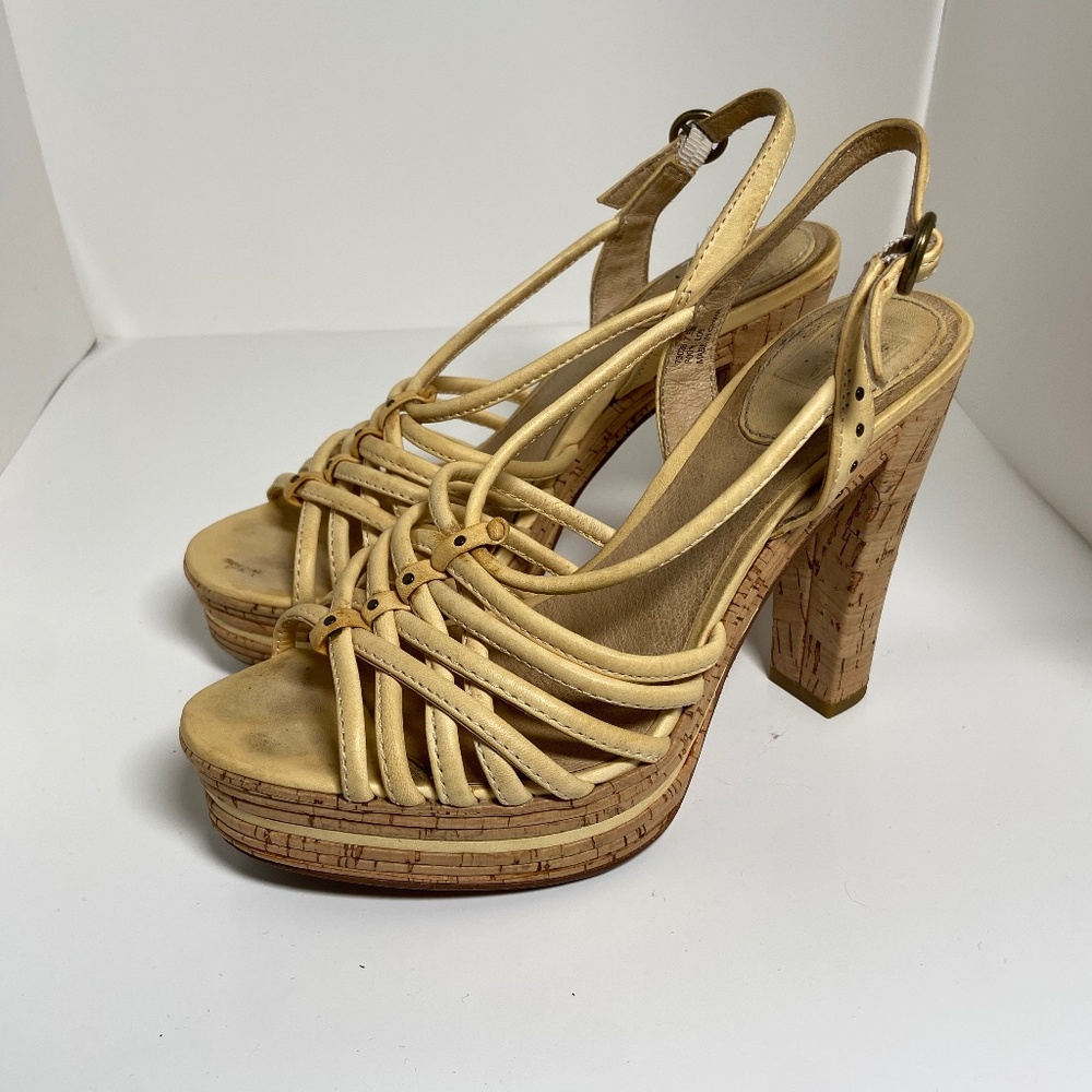 FRYE Lena Cream Leather Slingback Strappy Cork Platform Heeled Sandal